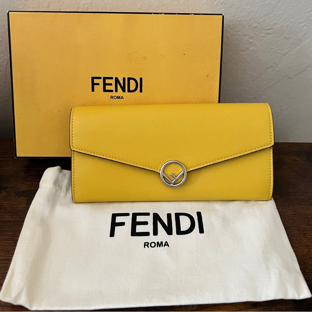 FENDI Continental Wallet Leather Yellow Silver F is w/Box and Dustbag